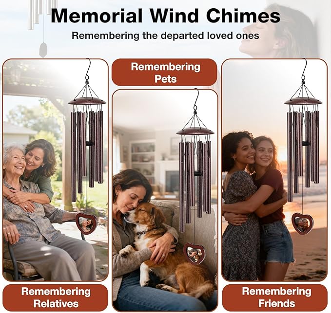 32 Inch Memorial Wind Chime Outdoor, w/Heart Shaped Photo Holder for Bereavement or Pet Remembrance, Wind Chimes for Loss of Loved One, Wind Chimes Outdoor for Porch, Garden, Cemetery - Bronze