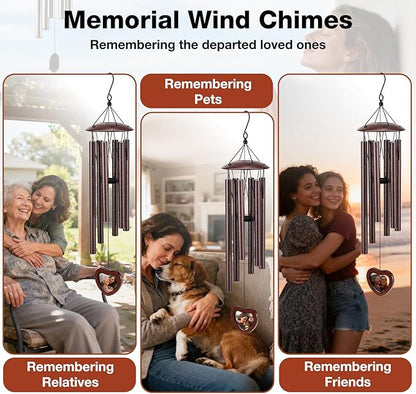 32 Inch Memorial Wind Chime Outdoor, w/Heart Shaped Photo Holder for Bereavement or Pet Remembrance, Wind Chimes for Loss of Loved One, Wind Chimes Outdoor for Porch, Garden, Cemetery - Bronze