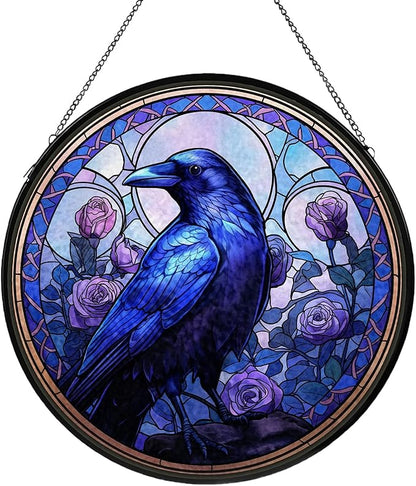 Crow Stained Glass Window Hanging, Raven Suncatcher Diamond Glass Panel Hangings, Sun Catchers Indoor Windows Wall Art, Gift for Birds Lover, Christmas Decor for Home Garden Office Purple 7.87 inches