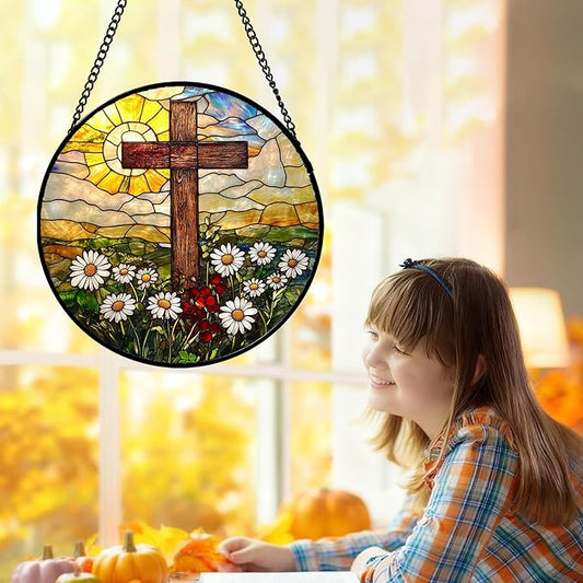 DASTOLL Christian Gifts for Women - Cross Stained Glass Window Hanging Easter Golden Sun Daisy Floral Sun Catcher Garden Religion Decor Mother's Day Catholic Gift for Men Grandma Nana Her 9.8"