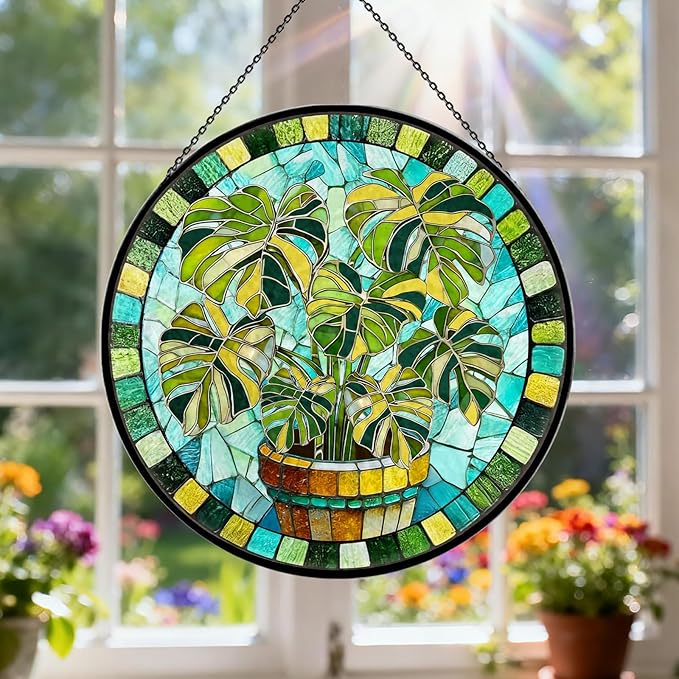 Stained Glass Suncatcher for Window, 7.9" Green Monstera Leaf Sun Catcher Hanging, Colorful Glass Panel Decor for Birthday, Christmas, Housewarming Gifts for Women & Men