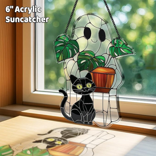2 Cute Halloween Suncatcher Decorations, 6" Spooky Cute Ghost Plant Window Hangings, Ghost with Black Cat Greenhouse, Pumpkin Ornaments Home Garden, Gifts for Plant Lovers, Women