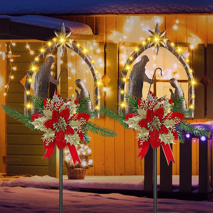 Moukeren 2 Pcs 2 Pcs 3.5ft Nativity Scene Outdoor Yard Stakes, Solar Lighted Outdoor Metal Christmas Nativity Scene Decoration for Christmas Holiday Lawn Garden Yard Decoration (Rustic)