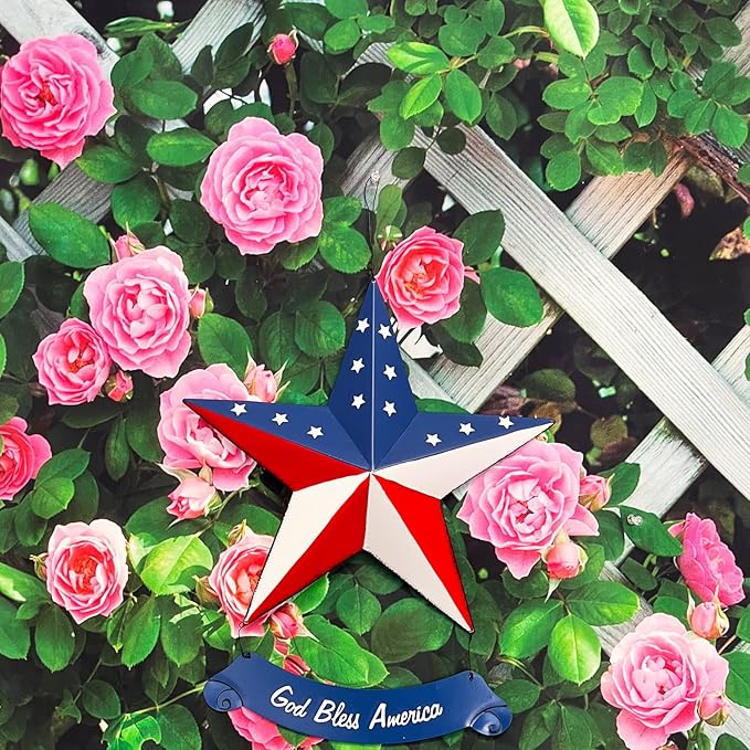 Rustic Metal 3D Barn Americana Stars Patriotic Wall Decoration American Flag Wall Star July 4th Country Americana USA Star with God Bless America Sign
