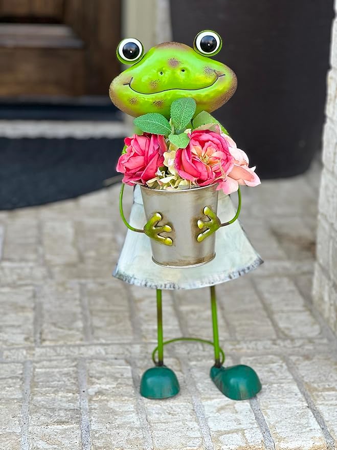 GERSON Frog Garden Figurine Metal Statue with Planter Tall Rustic Indoor Outdoor Patio Porch Decor 20"" H (Girl)