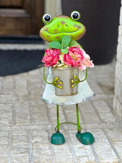 GERSON Frog Garden Figurine Metal Statue with Planter Tall Rustic Indoor Outdoor Patio Porch Decor 20"" H (Girl)