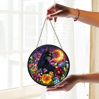 7.8" Black Cat Suncatcher Stained Glass Hanging Window Halloween Sun Catcher Gothic Ornaments Wall Art Home Room Kitchen Garden Decor Birthday for Women Men Cats Lovers