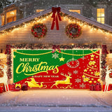 IVN Christmas Garage Door Cover Decoration 13x6ft Snowy Night Trees with Green Red Sleigh Scene Deer Merry Christmas Garage Door Banner Home Door Front Yard Decor for Xmas Eve Holiday Outdoor