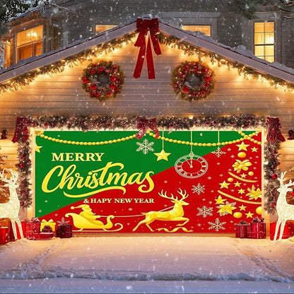 IVN Christmas Garage Door Cover Decoration 13x6ft Snowy Night Trees with Green Red Sleigh Scene Deer Merry Christmas Garage Door Banner Home Door Front Yard Decor for Xmas Eve Holiday Outdoor