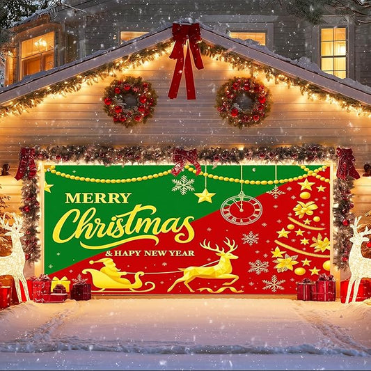 IVN Christmas Garage Door Cover Decoration 13x6ft Snowy Night Trees with Green Red Sleigh Scene Deer Merry Christmas Garage Door Banner Home Door Front Yard Decor for Xmas Eve Holiday Outdoor