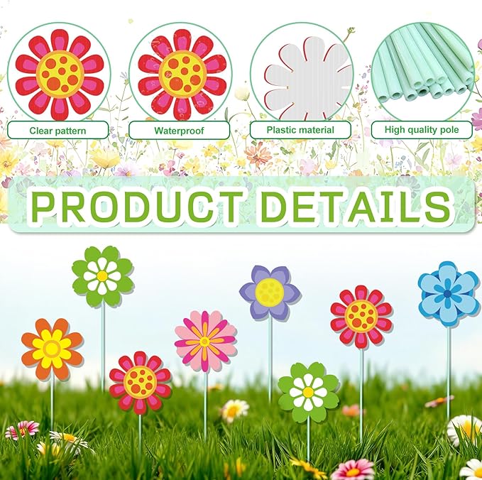 Cinrobiye 12Pcs Spring Floral Flower Planter Stakes Tulip Daisy Pot Signs 5.9Inches Colorful Floral Garden Stake Outdoor Lawn for Spring Party Patio Yard Outside Greetings Home Farmhouse Decor