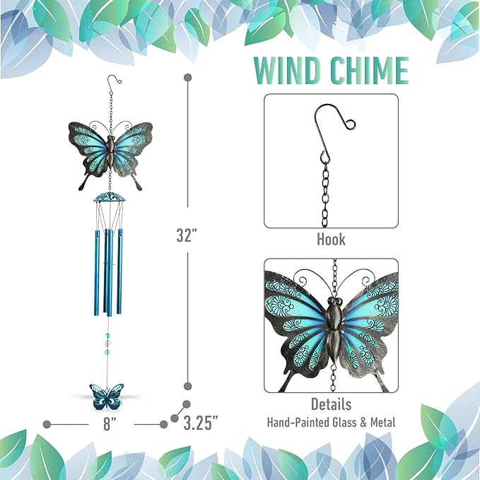 CoTa Global Rustic Blue Butterfly Wind Chime - Handmade Metal and Glass Hanging Decor, Blue and Black Garden Ornament with Copper Tubes, Indoor Outdoor Porch Patio Yard Decoration - 32 Inches