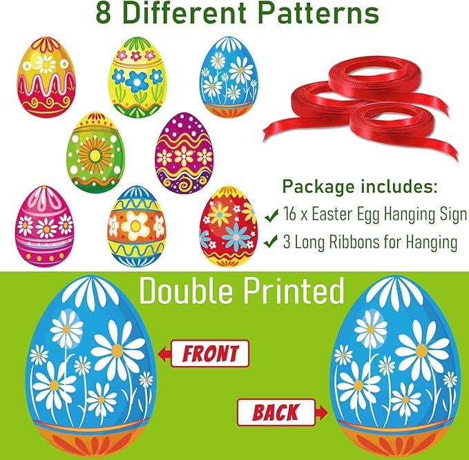 16 Pieces Easter Egg Outdoor Hanging Ornaments Decorations Happy Easter Hanging Porch & Tree Yard Lawn Decor - Double-Side Printed