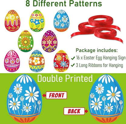 16 Pieces Easter Egg Outdoor Hanging Ornaments Decorations Happy Easter Hanging Porch & Tree Yard Lawn Decor - Double-Side Printed