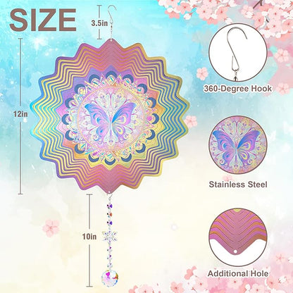 Hanging Wind Spinner 12 Inch, Butterfly 3D Stainless Steel Wind Spinner with Tail, Garden Yard Patio Decor, Indoor Window Wall Art for Meditation, Mindfulness, Breathwork, Calming Gift