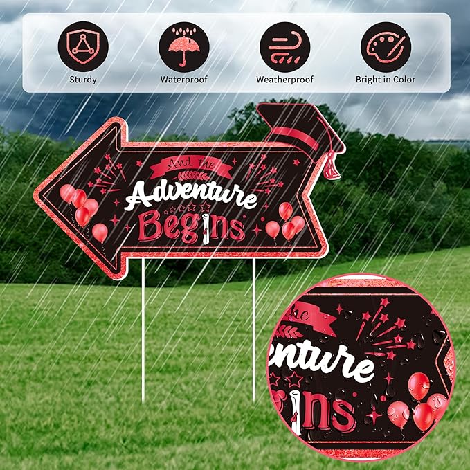 Class of 2026 Graduation Yard Sign Arrow for Outdoor Pathway,Graduation Cap Hanging Yard Signs,Black Red This Way Yard Signs with Stakes Ribbon,Graduation Party Decor for College High School