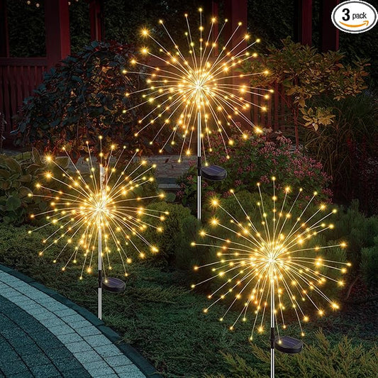 btfarm 3 Pack 120 LED Solar Garden Lights Outdoor, 8 Modes Firework Lights Solar Powered, Waterproof Twinkle Fairy Light Outside for Yard Patio Pathway Pool Christmas Party Decorative, Warm White