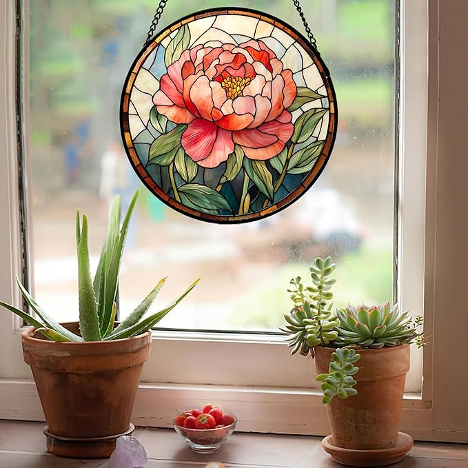 Stained Glass Window Hanging - Pink Peony Floral Suncatcher for Door Garden Yard Birth Flower Sun Catchers Decor Christmas Mother's Day Birthday Gifts for Women Mom Nana Wife Teacher 9.8 in