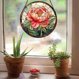 Stained Glass Window Hanging - Pink Peony Floral Suncatcher for Door Garden Yard Birth Flower Sun Catchers Decor Christmas Mother's Day Birthday Gifts for Women Mom Nana Wife Teacher 9.8 in