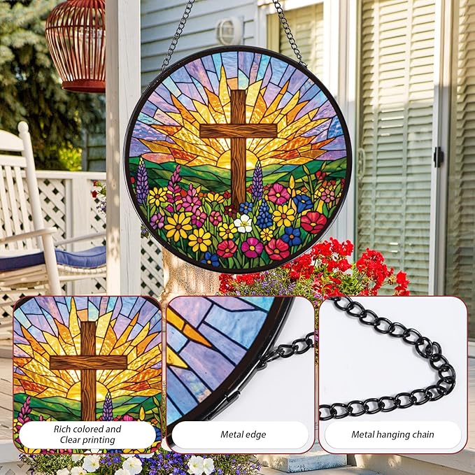 Rngmsi Christian Glass Window Hanging, 8 Inch Sun Catcher Cross Religious Gift for Housewarming, Decorative Suncatchers Gifts for Women Men Wall Art Home Decor