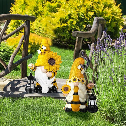 Suzile 2 Pack Sunflower Bee Gnome 9.4 Inch Garden Outdoor Statue Solar with Lantern Lights Gnomes Gifts for Women Outside Sunflower Bee Figurine for Yard Courtyard Lawn Patio Porch Decor