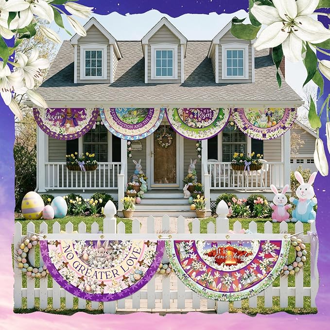 6 Pcs Easter Bunting Flag He Is Risen Bunting Banner Happy Easter Garden Fan Flag Bunny Religious Cross Decoration for Holiday Indoor Outdoor Yard Porch Decor, 1.5 x 3 ft