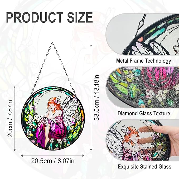 Flower Fairies Stained Glass Window Hanging,Suncatcher Hanging Decor for Indoor Outdoor Windows Yard Garden Decor Home Decorations Wall Art, Gift for Girls Mom Grandma Teacher