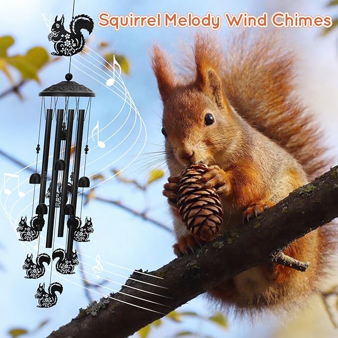 Squirrel Wind Chimes for Outside Metal Animal Windchimes Squirrel Sympathy Gifts for Women Men Birthday Garden Decor for Patio Yard Memorial Black