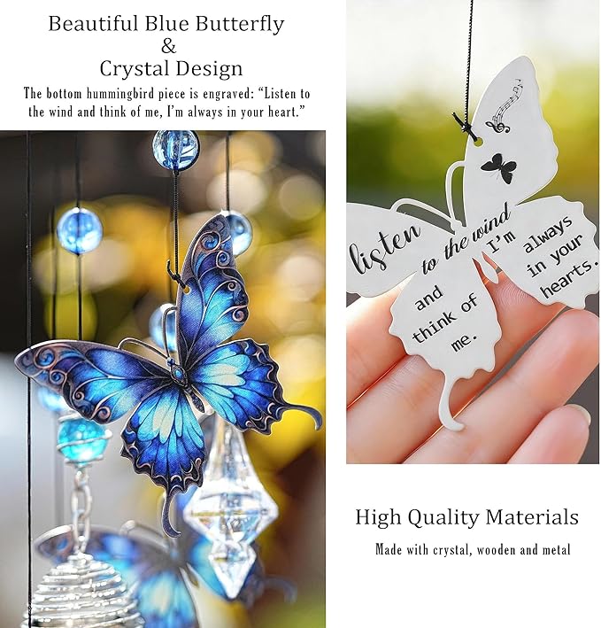 YU FENG Butterfly Memorial Wind Chime with Crystal Suncatcher – 27 Inch Outdoor Wind Chimes for Garden, Blue Butterfly Sympathy Gift for Loss of Loved One, Remembrance Decor for Yard, Patio, Mom