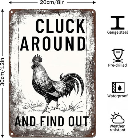 Funny Chicken Signs-Vintage Metal Chicken Signs for Coop Funny Outdoor,Cluck Around and Find Out Tin Sign for Home Farm Chicken Coop Farmhouse Kicthen Garden Decor 8 X 12 Inch