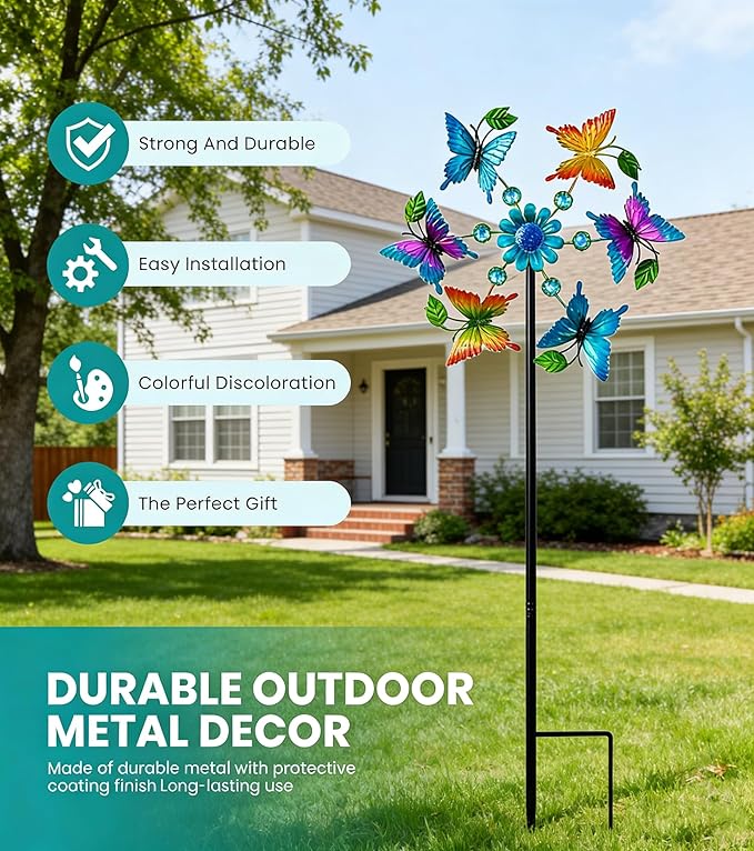 44" Colorful Butterfly Garden Wind Spinners - Metal Outdoor Stakes Kinetic Wind Spinner Windmills Decor, Wind Sculpture Yard Art Decorations for Patio, Lawn & Garden