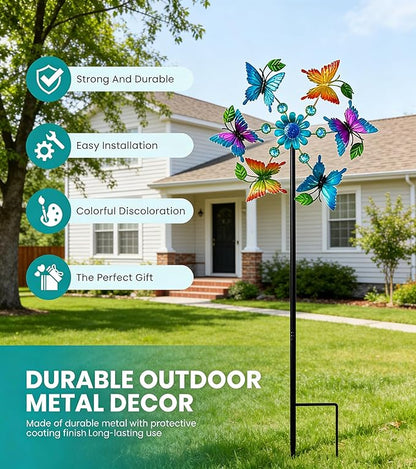 44" Colorful Butterfly Garden Wind Spinners - Metal Outdoor Stakes Kinetic Wind Spinner Windmills Decor, Wind Sculpture Yard Art Decorations for Patio, Lawn & Garden