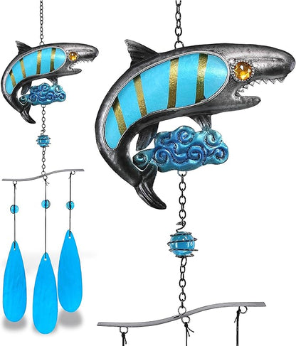 CoTa Global Shark Wind Chime - Handmade Glass and Metal Chime - Ocean Life Hanging Decor - Colorful Home Decor Gift, Indoor and Outdoor Hanging Decoration for Porch, Patio, and Garden - 27 Inches