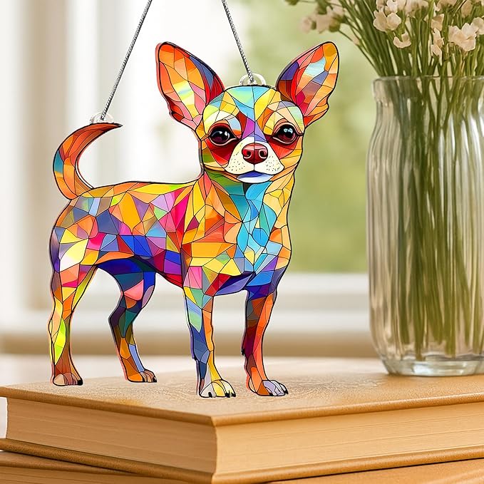 Colorful Dogs Acrylic Suncatcher Ornament for Window Decor, Acrylic Suncatcher Window Hanging Decor, Dog Lovers Gifts for Women, Dogs Christmas Ornaments for Tree Hanging (Chihuahua)