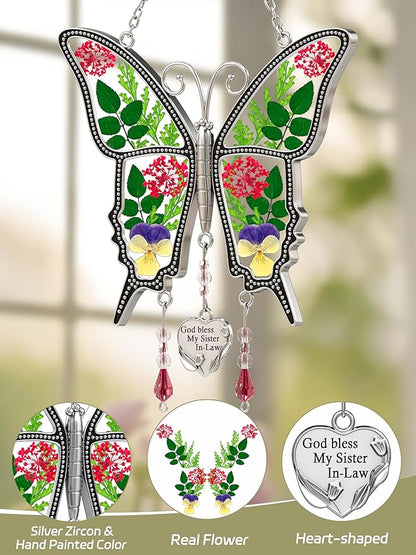 KY&BOSAM Butterfly Suncatcher Sister-in-Law Stain Glass Sun Catchers for Windows Wind Chime with Pressed Flower and Metal Heart Charm for Sister Valentines Day Birthday Christmas