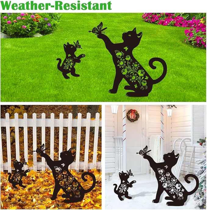 Cat Garden Stake Outdoor Set of 2 Metal Black Cat Yard Decor Lawn Ornament, Cute Cat Lover Gift for Women Men, Weather-Resistant Black Cat Silhouette Statues Yard Art for Patio
