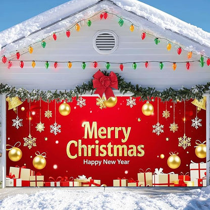 IVN Christmas Garage Door Cover Decoration 13x6ft Red and Gold Ornaments Snowflakes and Gift Boxes Merry Christmas Winter Garage Door Banner Home Door Front Yard Decor for Xmas Eve Holiday Outdoor