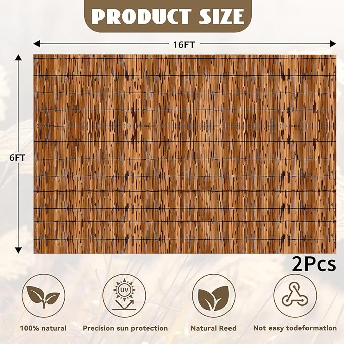 KOIUEYW Bamboo Reed Fencing, Light Russet Bamboo Fence Rolls 6ft High, Decorative Privacy Screen Reed Curtains for Patio Balcony Garden Backyard Outdoor, 6 x 16 FT (2 Pcs)