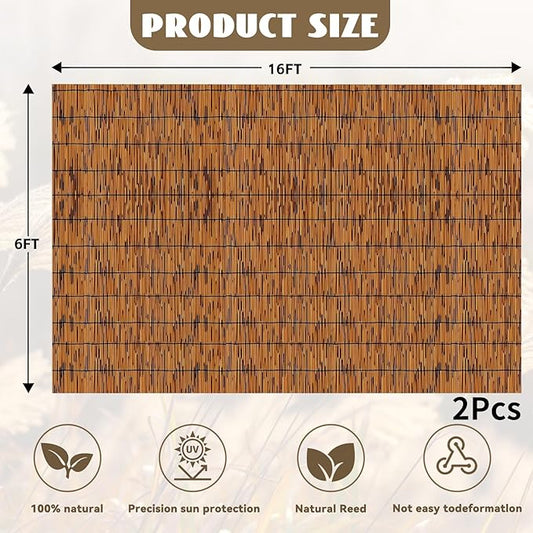 KOIUEYW Bamboo Reed Fencing, Light Russet Bamboo Fence Rolls 6ft High, Decorative Privacy Screen Reed Curtains for Patio Balcony Garden Backyard Outdoor, 6 x 16 FT (2 Pcs)