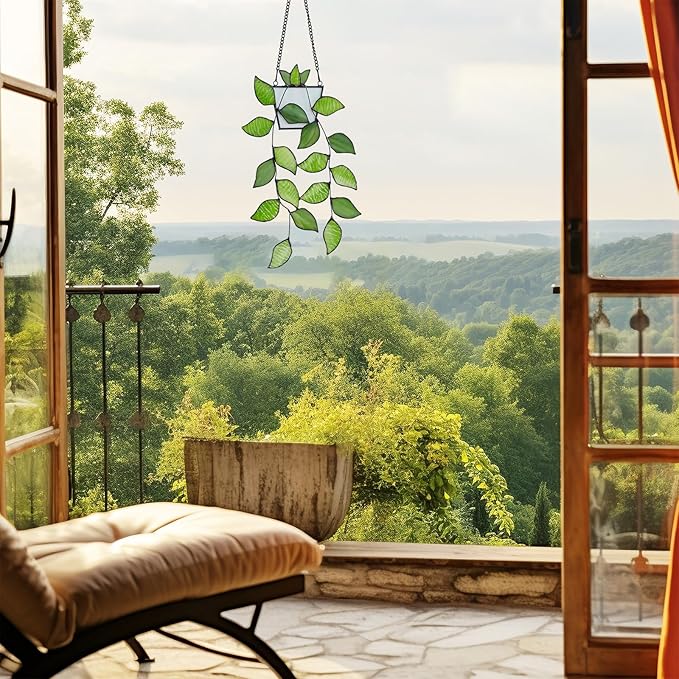 Stained Glass Leaf Hanging with Metal Chain, Green Window Decoration for Home, Gift for Mom, Father & Nature Lovers.