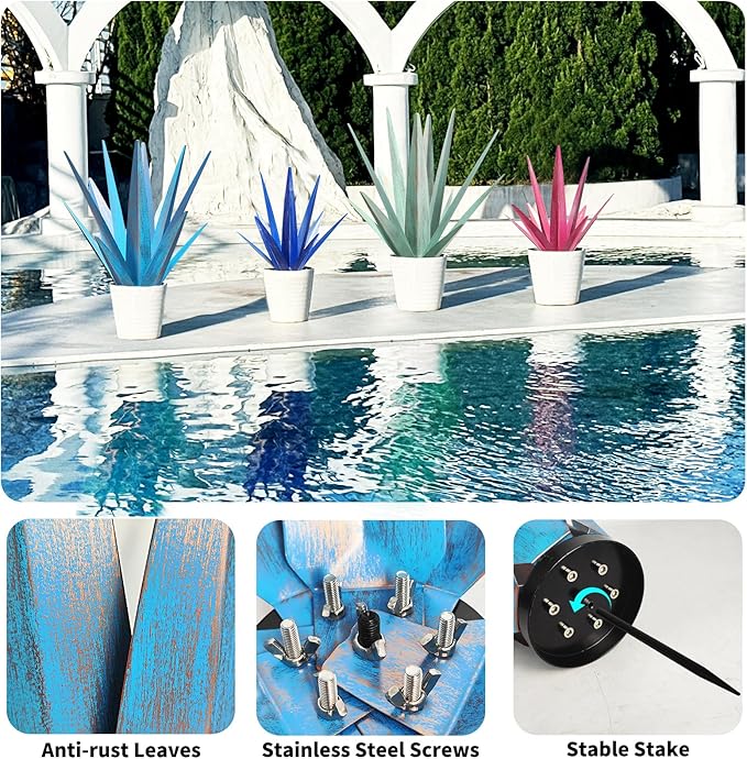 KODIBO Large Tequila Rustic Sculpture, Rustic Metal Agave Plants for Outdoor Patio Yard, Home Decor Hand Painted Metal Agave Garden Yard Statue, Outdoor Lawn Ornaments (Dark Blue - L (W/Solar Light))