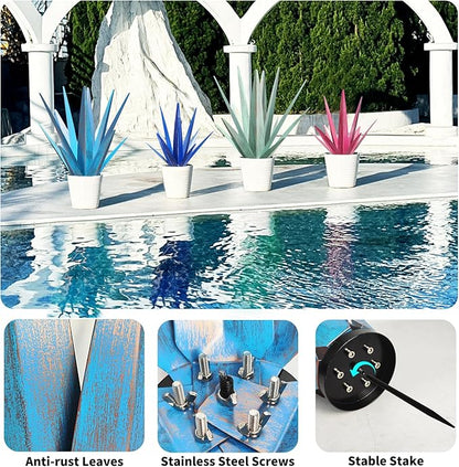 KODIBO Large Tequila Rustic Sculpture, Rustic Metal Agave Plants for Outdoor Patio Yard, Home Decor Hand Painted Metal Agave Garden Yard Statue, Outdoor Lawn Ornaments (Dark Blue - L (W/Solar Light))
