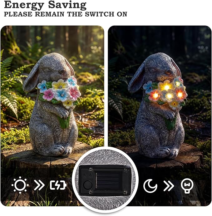 PETAFLOP Solar Powered Rabbit Garden Light, Bunny Holding Flower with Warm White LED, Outdoor Decor for Yard, Pathway, Lawn, Patio, Balcony