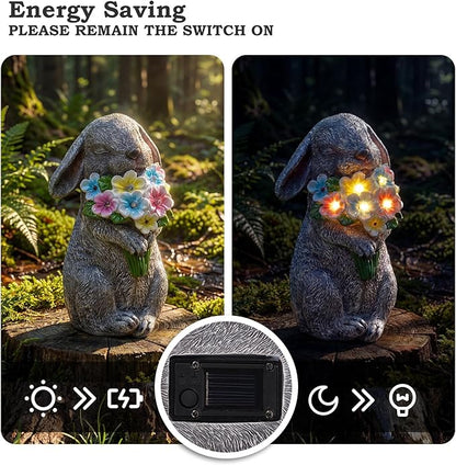 PETAFLOP Solar Powered Rabbit Garden Light, Bunny Holding Flower with Warm White LED, Outdoor Decor for Yard, Pathway, Lawn, Patio, Balcony