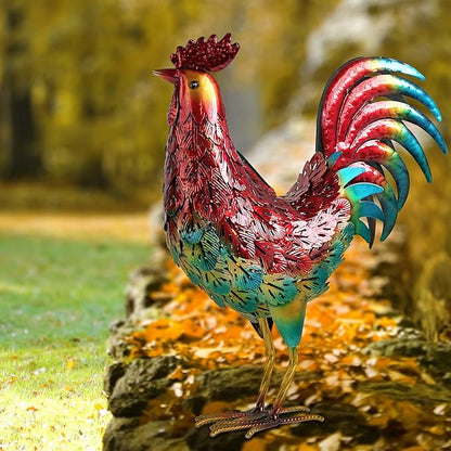 Kircust Solar Metal Rooster Animal Lights Garden Sculptures Art Decor, Outdoor LED Light Color Chicken Statue for Farm Patio Lawn Back Yard Home Decorations,13.98" WX5.9 DX16.74 H