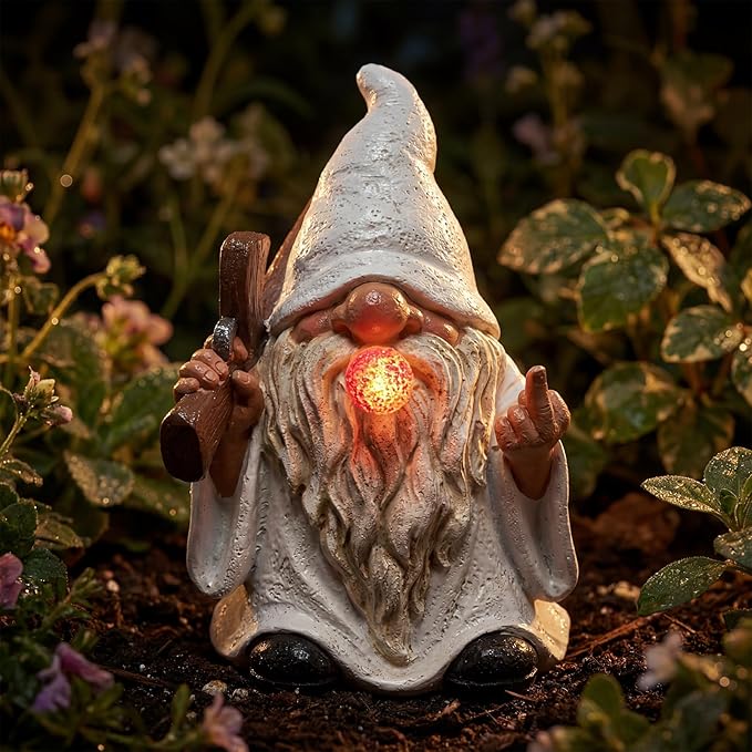 EXYGLO Solar Gnome Garden Decor Statue, 5.7" Middle Finger Gnome with Flickering Cigar Outdoor Funny Decoration for Lawn, Patio, Yard, and Unique Housewarming, Individual Birthday Ornament Gift