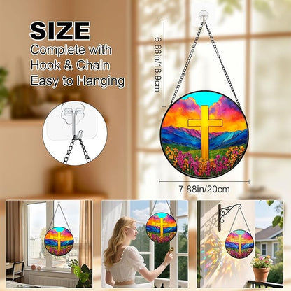 7.88'' Glass Window Hanging, Colorful Cross Sun Catchers Glass Panel for Window, Christian Evening Glow Suncatcher Decor with Hook Chain for Mother's Day Birthday for Women, Men, Wife, Aunt, and Mom