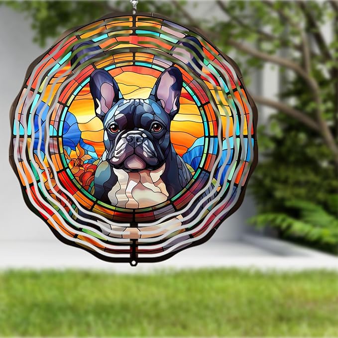 French Bulldog Wind Spinner Pet Dog Memorial Gifts, Vibrant 3D Kinetic Metal Hanging Outdoor Garden Decor, Frenchie Gifts for Dog Lovers, 8" Wind Sculptures for Patio, Porch, Yard Art (Frenchie 4)