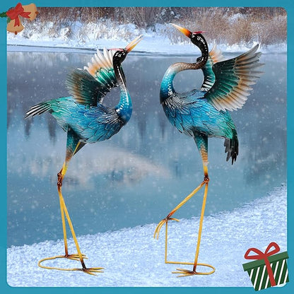 Garden Statues Large Metal Crane Sculptures, Outdoor Heron Metal Statue Yard Art for Garden Decor, Realistic Bird Art for Outdoor Decor, Standing Lifelike, Water&Rust-Proof, Set of 2 Sky Blue