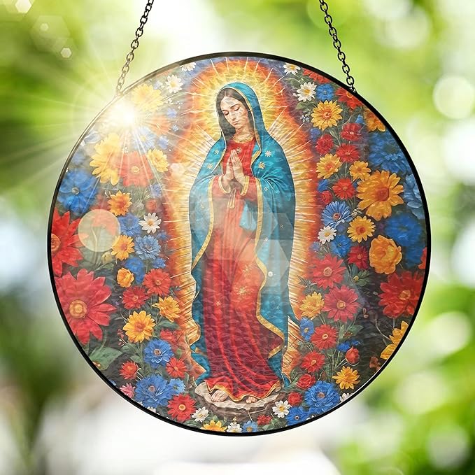 FLAGWIX Christmas Christian Gifts for Women - Virgen De Guadalupe Stained Glass Window Hanging 10 in - Christian Religious Gifts for Women Mom, Our Lady of Guadalupe Sun Catchers Indoor Window